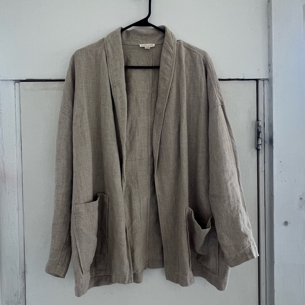 Eileen Fisher Beige Linen Open Front Cardigan Blazer
